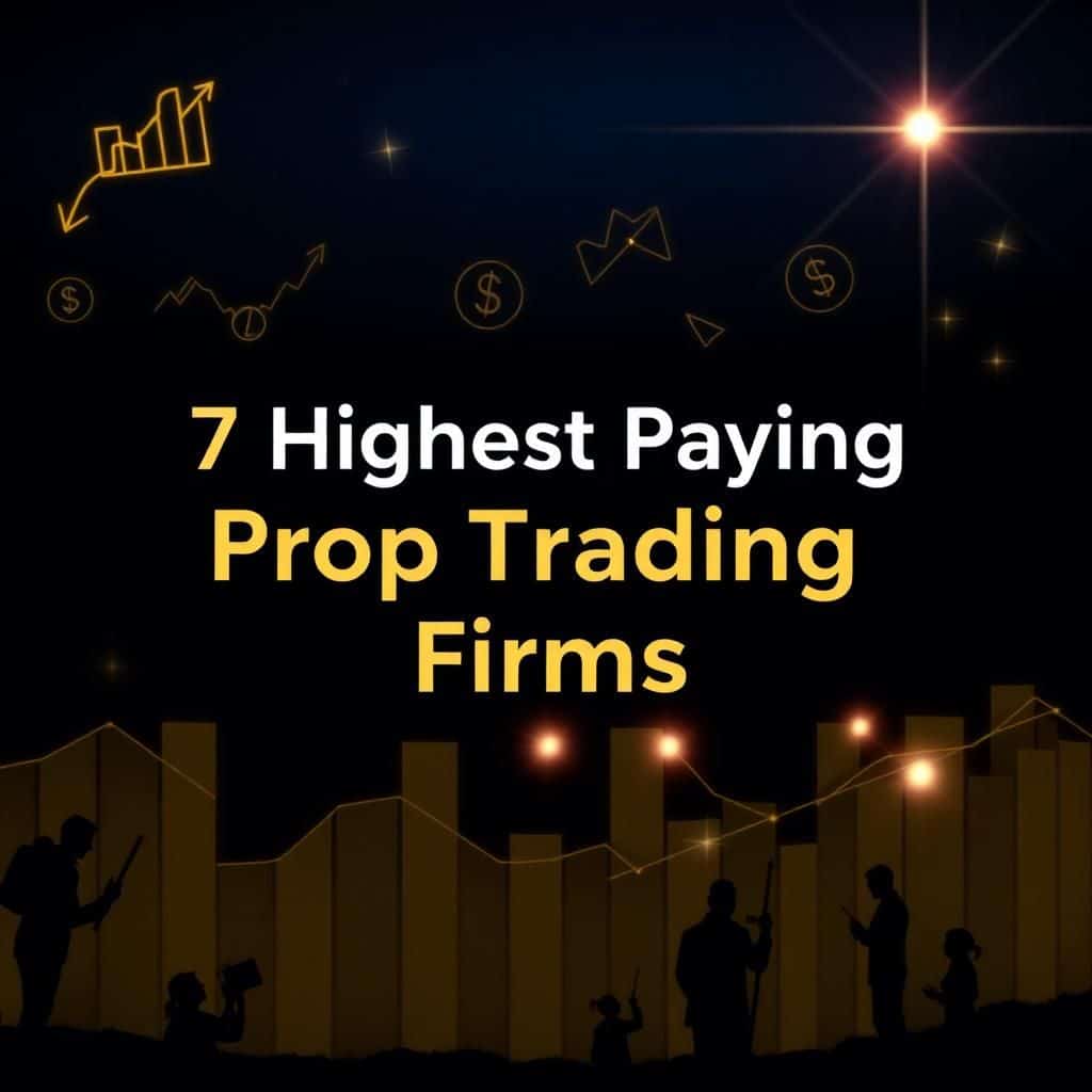 Create a modern, professional, and eye-catching image for the title '7 Highest Paying Prop Trading Firms.' Use a sleek financial theme with elements like: A dark or gradient blue/black background with gold/neon accents (for a premium feel). Icons of stock charts, rising arrows, dollar signs, or trading screens. Clean, bold typography for the title (white or gold text with a slight glow/shadow). Optional: Silhouettes of traders or a world map overlay (symbolizing global markets). Subtle lens flares or light streaks to add dynamism. A polished, high-resolution finish suitable for a blog header or social media.